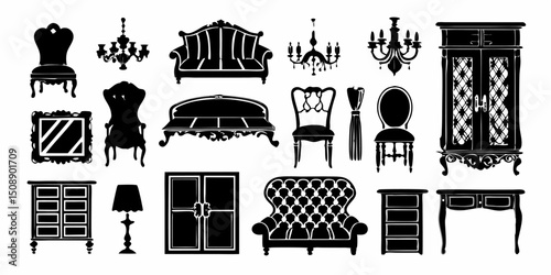 Silhouette illustration of antique furniture including sofas chairs chandeliers and dressers in black and white |eps vectors