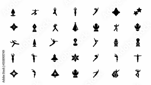 Silhouette icons of various poses and objects including yoga, dance, christmas tree and cactus designs |eps vectors