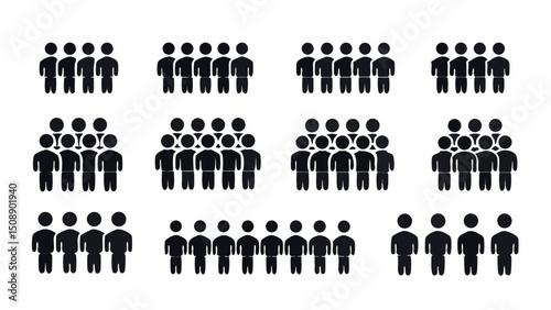 Multiple groups of stick figures arranged in a grid pattern on a white background visual representation |eps vectors