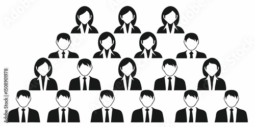 Black and white illustration of a pyramid of business people in suits and ties arranged neatly together |eps vectors
