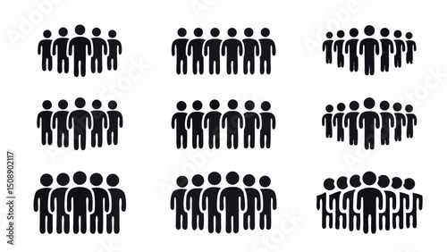 Nine groups of stick figure people arranged in a grid pattern on a white background showing crowds |eps vectors
