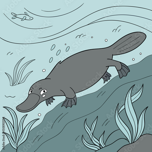Adorable platypus swimming underwater cartoon png ai generated