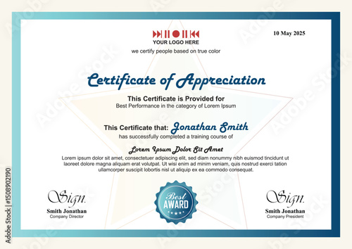 Blue and gold certificate of achievement template with gold badge and border