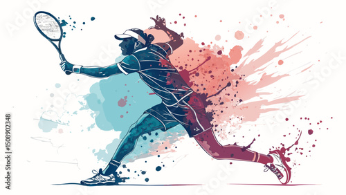 A watercolor illustration of a tennis player swinging a racket with colorful splashes around the player image |eps vectors