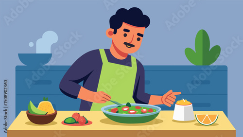 A man makes his own twist on mangu adding diced avocado and pico de gallo on top for a more unique and flavorful experience.. Vector illustration