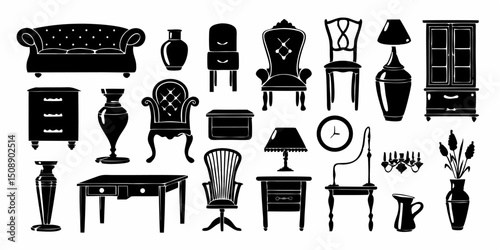 Illustration of various furniture pieces including chairs sofas tables lamps vases and a cabinet in black silhouette |eps vectors
