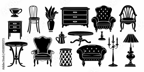 Illustration of various furniture items including chairs tables and decorative objects in black and white |eps vectors