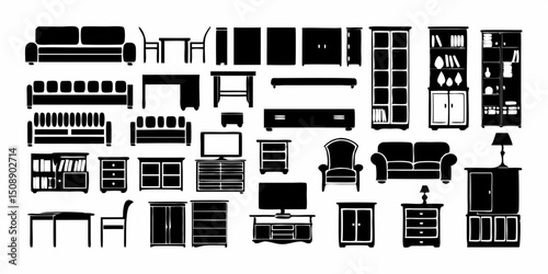 Illustration of a collection of various furniture items including sofas, tables, and storage units in black silhouette |eps vectors