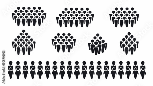 Illustration showing multiple groups of people and a line of people in a simple black and white style |eps vectors