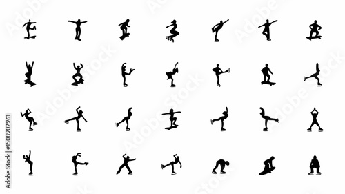 Collection of silhouette figures ice skating and skateboarding in various poses and positions on white |eps vectors