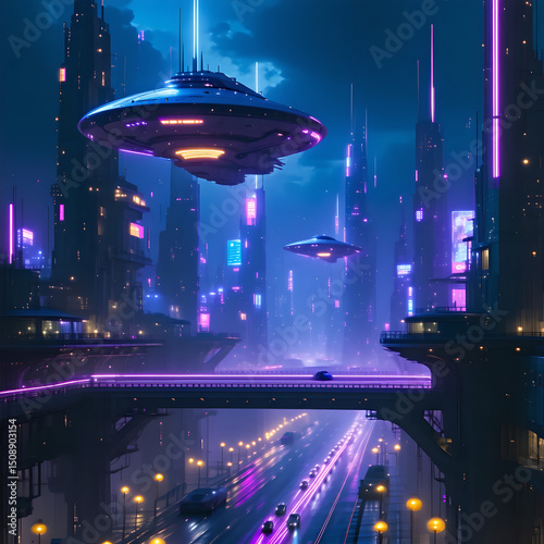Futuristic Neon Cityscape at Night with Flying Vehicles