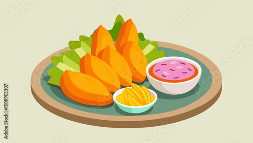 A plate of crispy fried plantains served with tangy curtido a pickled cabbage slaw.. Vector illustration