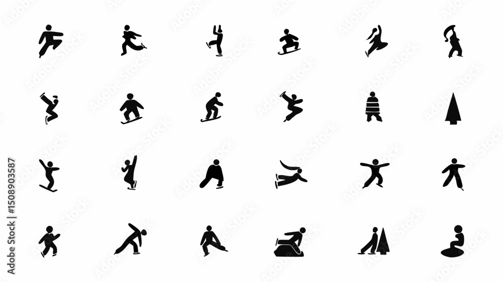 Naklejka premium Collection of winter sports and activities icons featuring snowboarding skiing and ice skating figures isolated |eps vectors