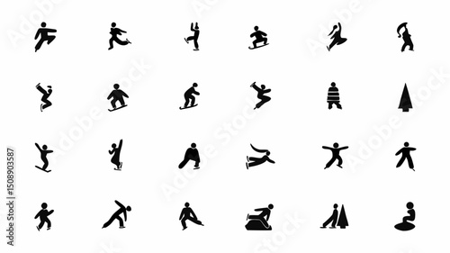 Collection of winter sports and activities icons featuring snowboarding skiing and ice skating figures isolated |eps vectors