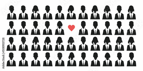 Illustration of many people in suits with one red heart between two of them in a grid arrangement |eps vectors