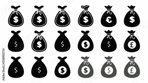 Illustration of multiple money bags with dollar euro and pound symbols arranged in a grid pattern design |eps vectors