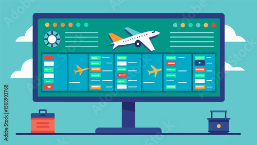 A large display board showcases incoming and outgoing flights giving the operators a visual aid to track their progress and prevent any potential collisions.. Vector illustration