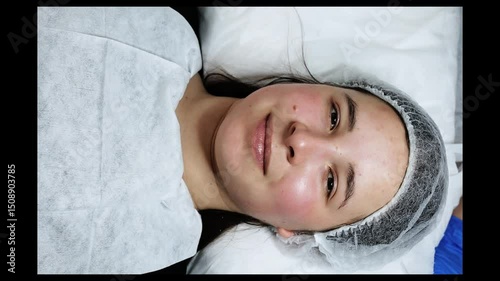 Attractive multicultural girl looking in mirror touching healthy soft face skin after daily treatment. Young mixed race asian woman doing massage satisfied with facial procedures skincare concept.