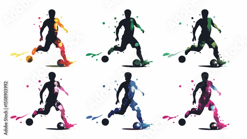 Watercolor silhouettes of soccer players kicking balls in vibrant colors on a white background art |eps vectors