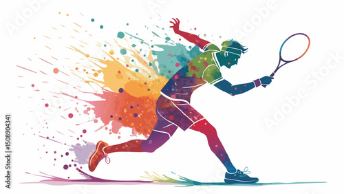 Colorful artistic depiction of a tennis player in motion with watercolor splashes and dynamic composition style |eps vectors