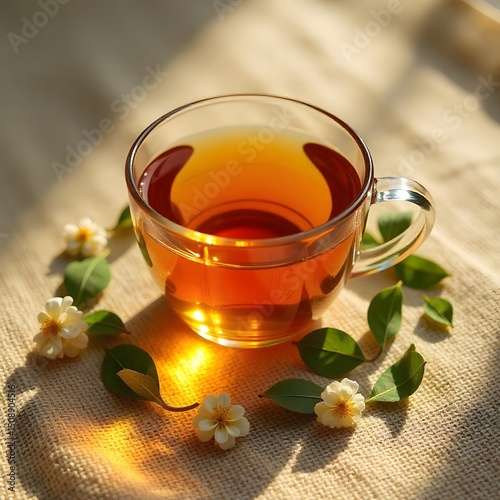 Cup of tea with flowers and leaves