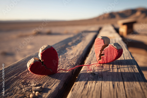 Crumbled Clay Broken Hearts Red Thread On Weathered Wooden Bench Symbolizing Relationship Ending Sadness Loneliness Concept