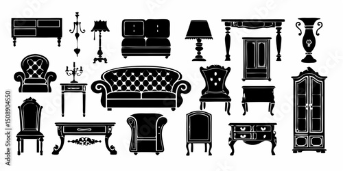 Illustration of various vintage furniture pieces including sofas chairs tables lamps and cabinets in black |eps vectors