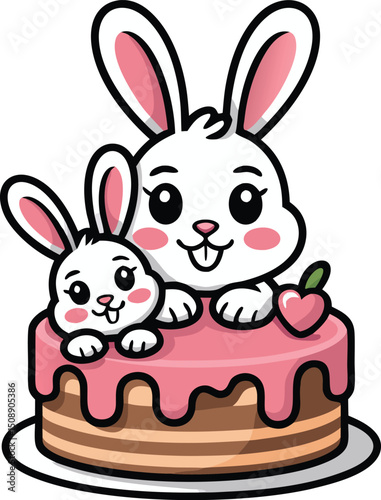 Two charming bunnies perched atop a delectable cake