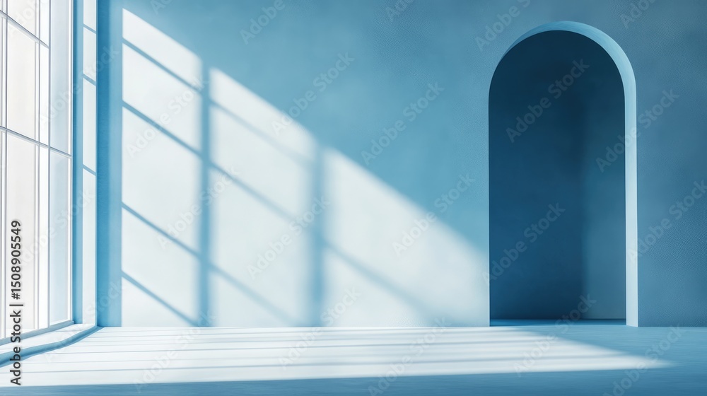 Fototapeta premium Light blue background for product display with window shadows.
