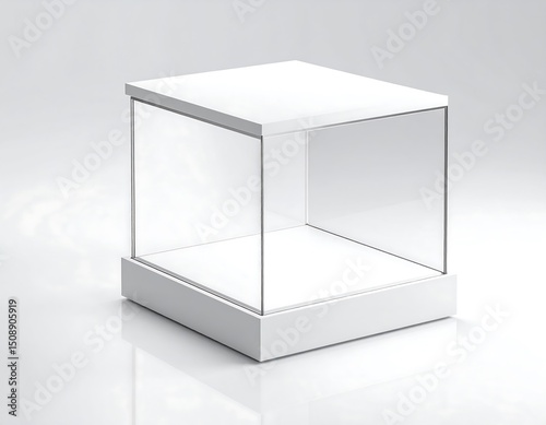 A cube-shaped glass display case with a white base sits on a reflective surface