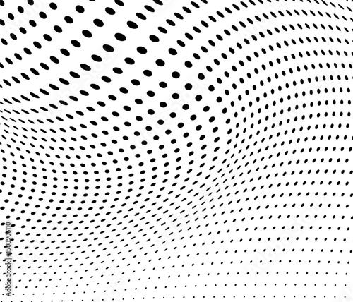 Abstract halftone wave dotted background. Futuristic twisted grunge pattern, dot, circles.  Vector modern optical pop art texture for posters, business cards, cover, labels mock-up, stickers layout