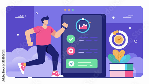 A fitness tracker that encourages users to track and submit data about their exercise habits in exchange for unlocking new levels and achievements.. Vector illustration