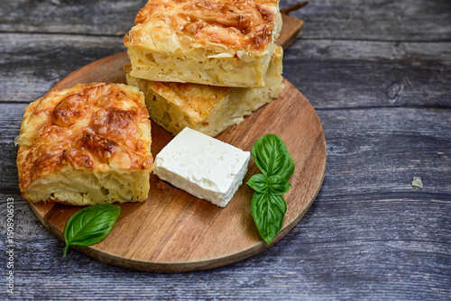  Home made   feta cheese pie  with phyllo pastry and organic eggs. Bulgarian banitsa