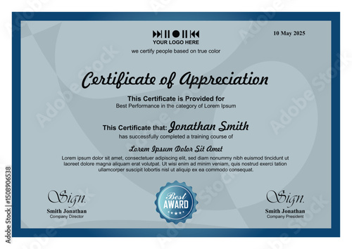 Certificate, Diploma of completion (design template, blue background) with Frame, Border, light Guilloche pattern
