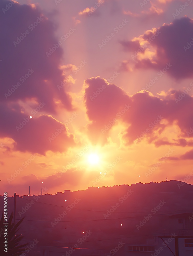 Naklejka premium Sunset over city, vibrant colors