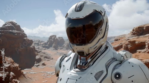 A person lifts the visor of a sleek white futuristic robot armor helmet, revealing their face.