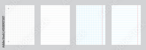 Template notebook copybook notepad paper sheet collection. White empty page for notes and marks. Checkered, with margins, striped. Vector design element. School, university, office sheets set.