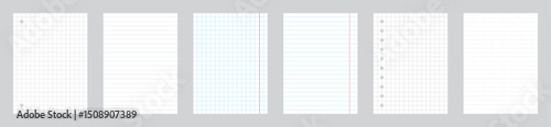 Template notebook copybook notepad paper sheet collection. White empty page for notes and marks. Checkered, with margins, dotted, striped. Vector design element. School, university, office sheets set.