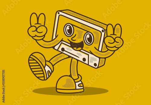 Tape cassette mascot character in happy expression, hands forming peace symbol. Yellow background