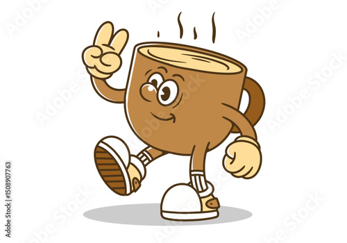 A brown Cheerful Cartoon Coffee Cup Character with Shoes and Peace Sign