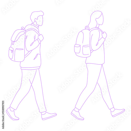 person walking with a backpack pose lineart illustration