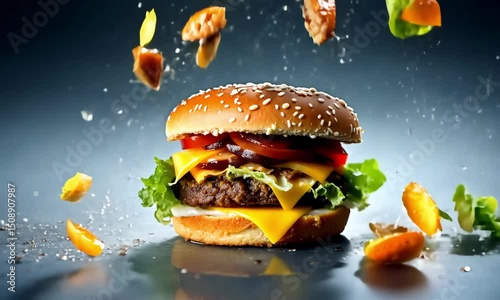 delicious mouthwatering petty burger falling down fast motion video 4k.ai  