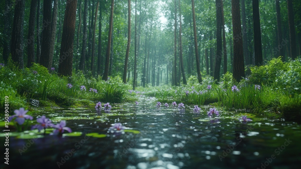 Fototapeta premium Rain-soaked forest path with purple flowers