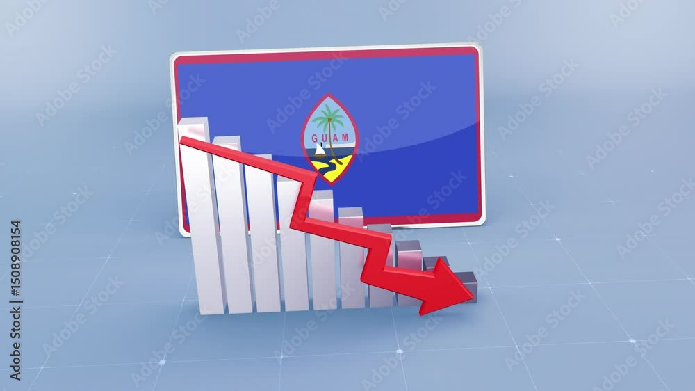Guam Country Flag and Bar Chart Graph Showing Decreasing Values a Red Arrow Economic Crisis Concept