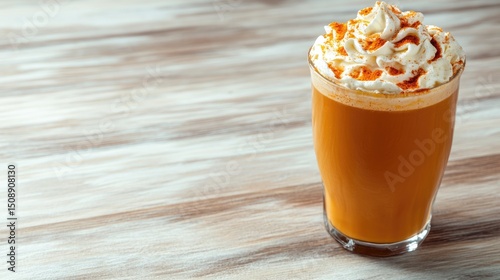 Pumpkin latte with whipped cream on a light wooden surface. Spicy hot smoothie. Veggie plant-based drink. Empty space for text.