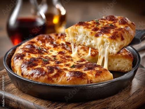 Fugazzeta pizza with bubbly cheese and caramelized onions in a cast iron pan, paired with a glass of wine