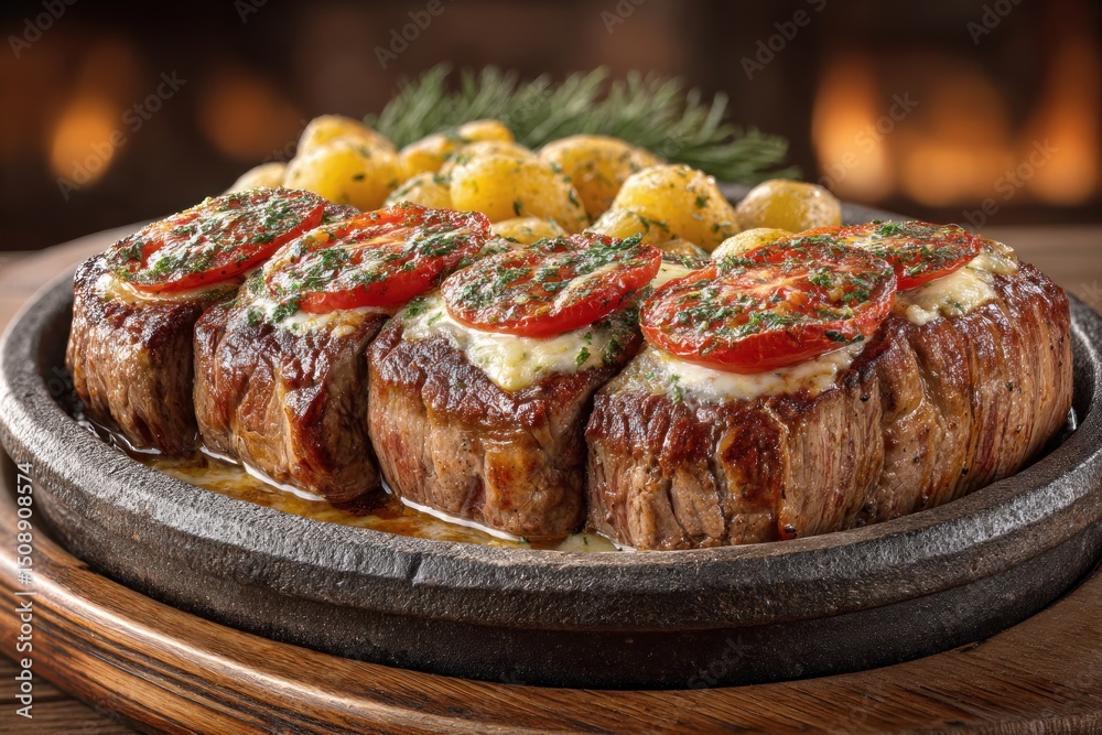 Grilled flank steak with tomatoes and cheese, savored at a rustic bench by a stone wall in the warm afternoon Grilled flank steak with tomatoes and cheese, savored at a rustic bench by a stone wall in the warm afternoon