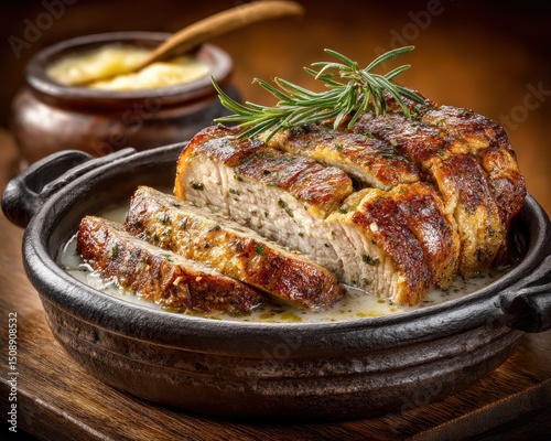 Flank steak baked in milk and herbs sits on a rustic table, showcasing rich flavors and warm, diffused light photo