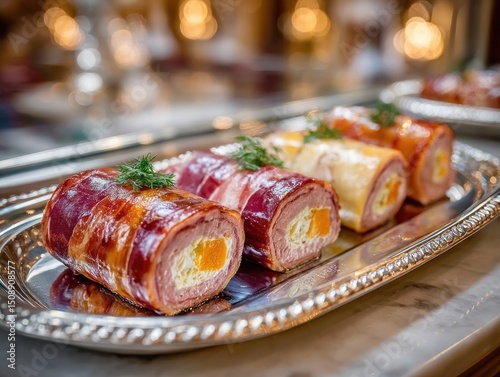 Matambre arrollado beef rolls served cold, garnished and presented elegantly on a silver tray for an upscale dinner photo