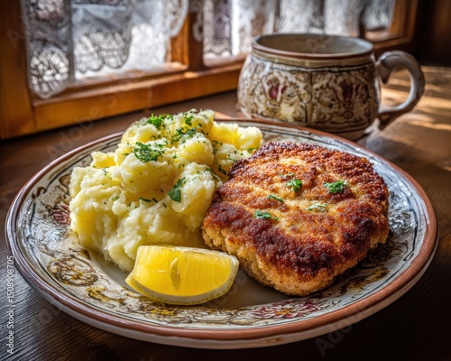 Milanesa cutlet served with fluffy mashed potatoes and lemon wedge in a cozy kitchen, illuminated by midday light